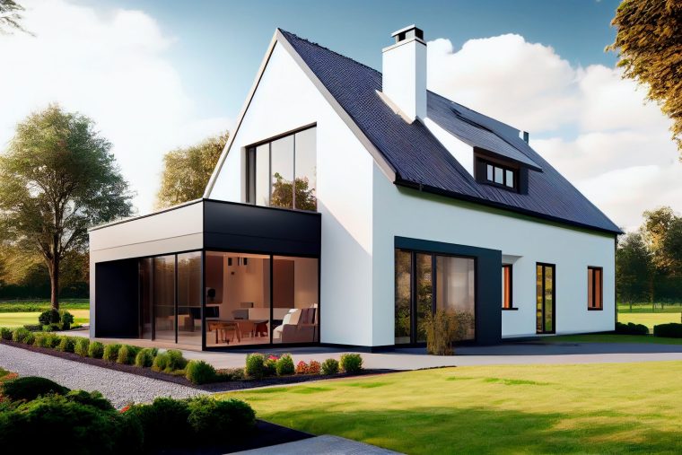 Exterior image of a new modern house with large windows with a garden in a rural area under the beautiful sky. Generative Ai technology